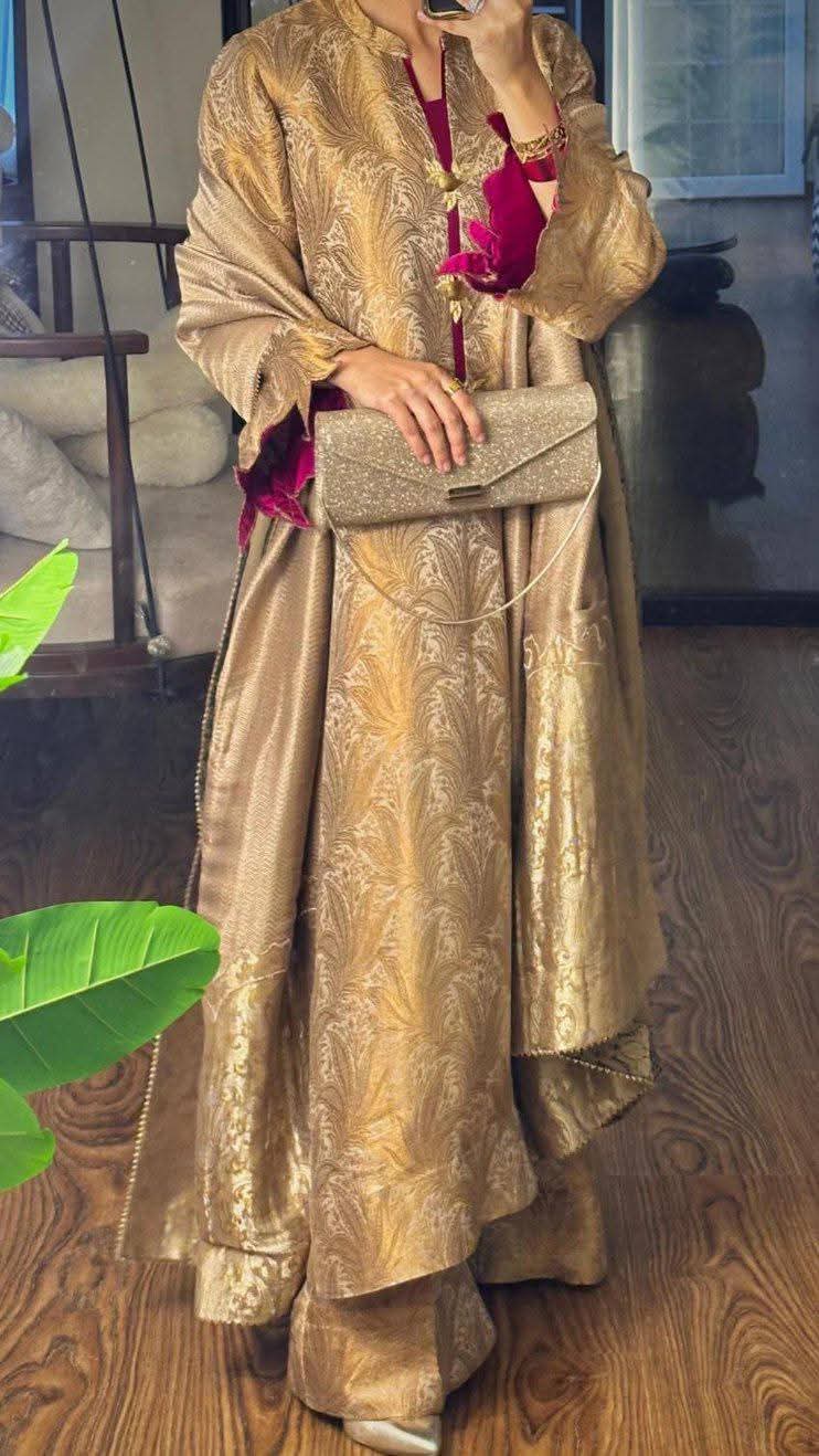 Atlas Pure Jamawar 3-Piece Suit – Antique Gold