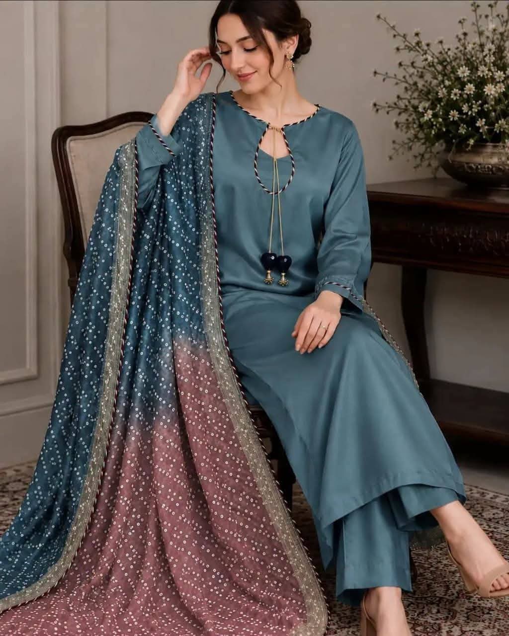 Butter Silk 3-Piece Suit with Chunri Dupatta