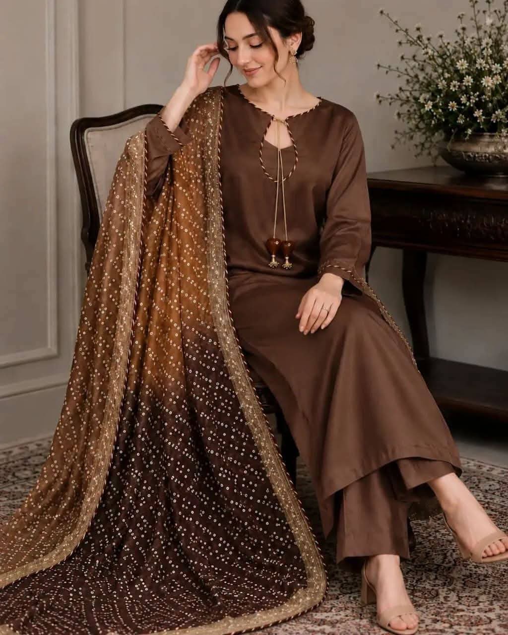 Butter Silk 3-Piece Suit with Chunri Dupatta - Image 3