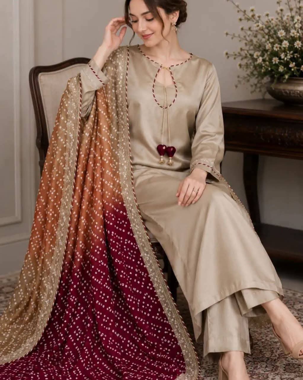 Butter Silk 3-Piece Suit with Chunri Dupatta - Image 2