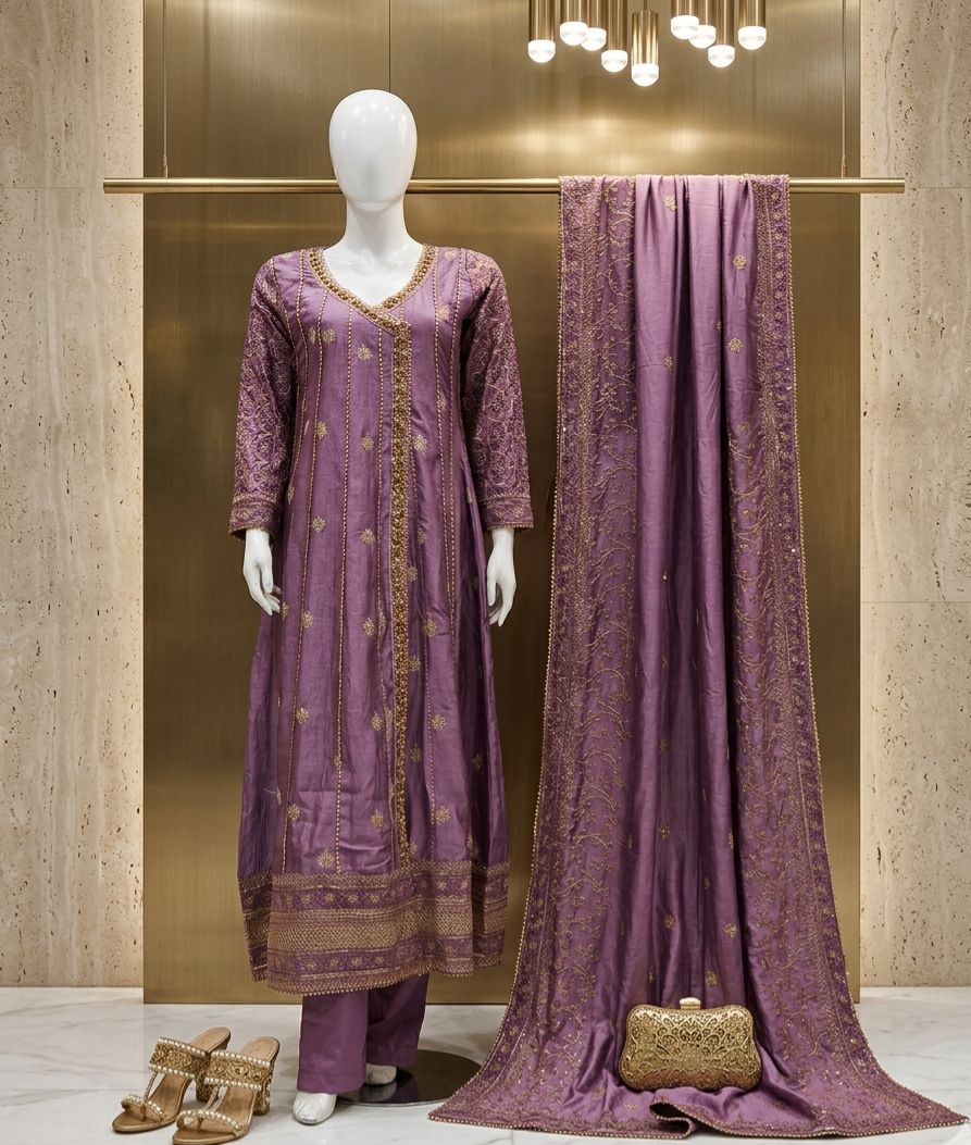 Luxury Embroidered Silk Angrakha 3-Piece Suit - Image 8