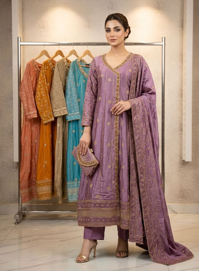 Luxury Embroidered Silk Angrakha 3-Piece Suit - Image 5