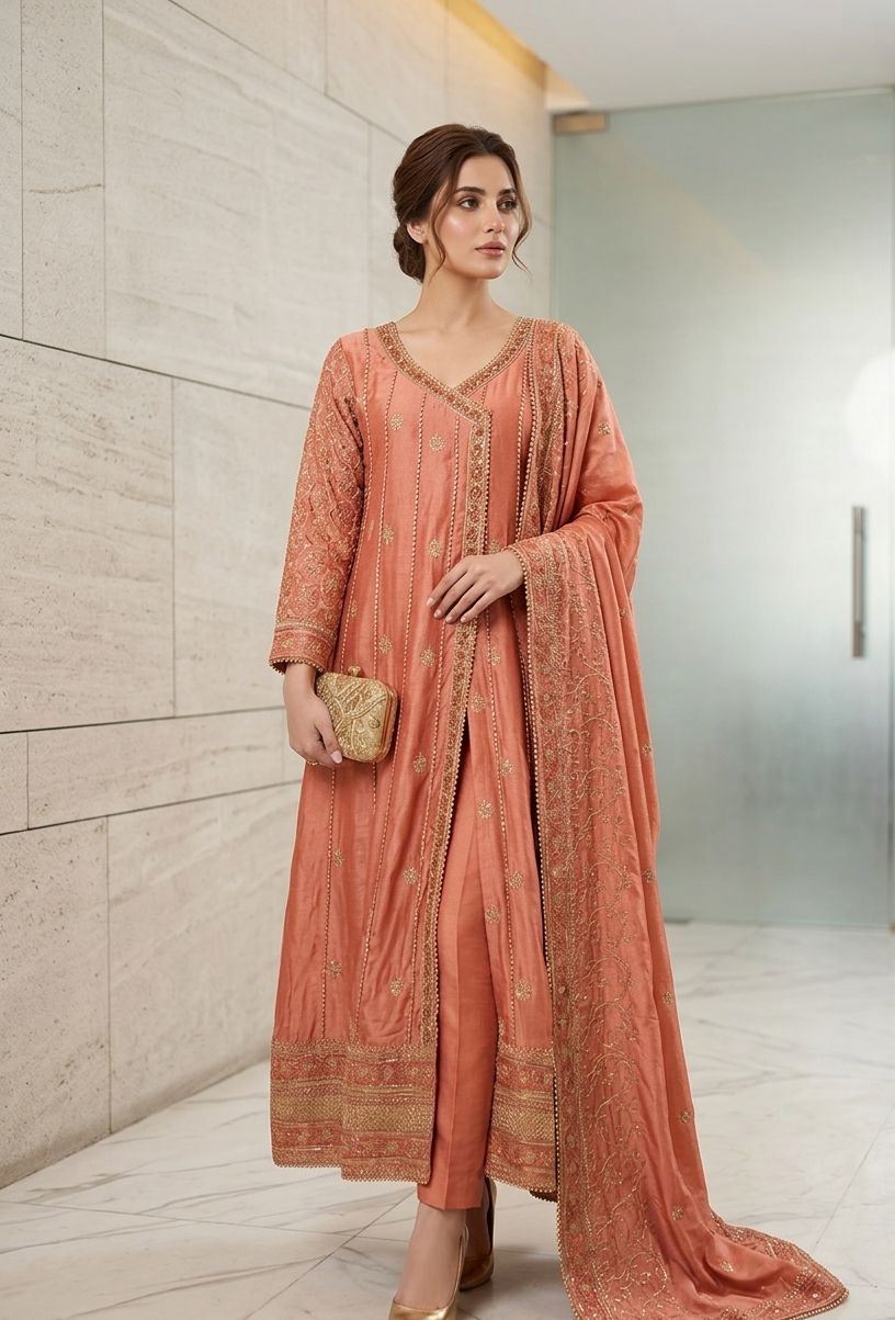 Luxury Embroidered Silk Angrakha 3-Piece Suit - Image 4